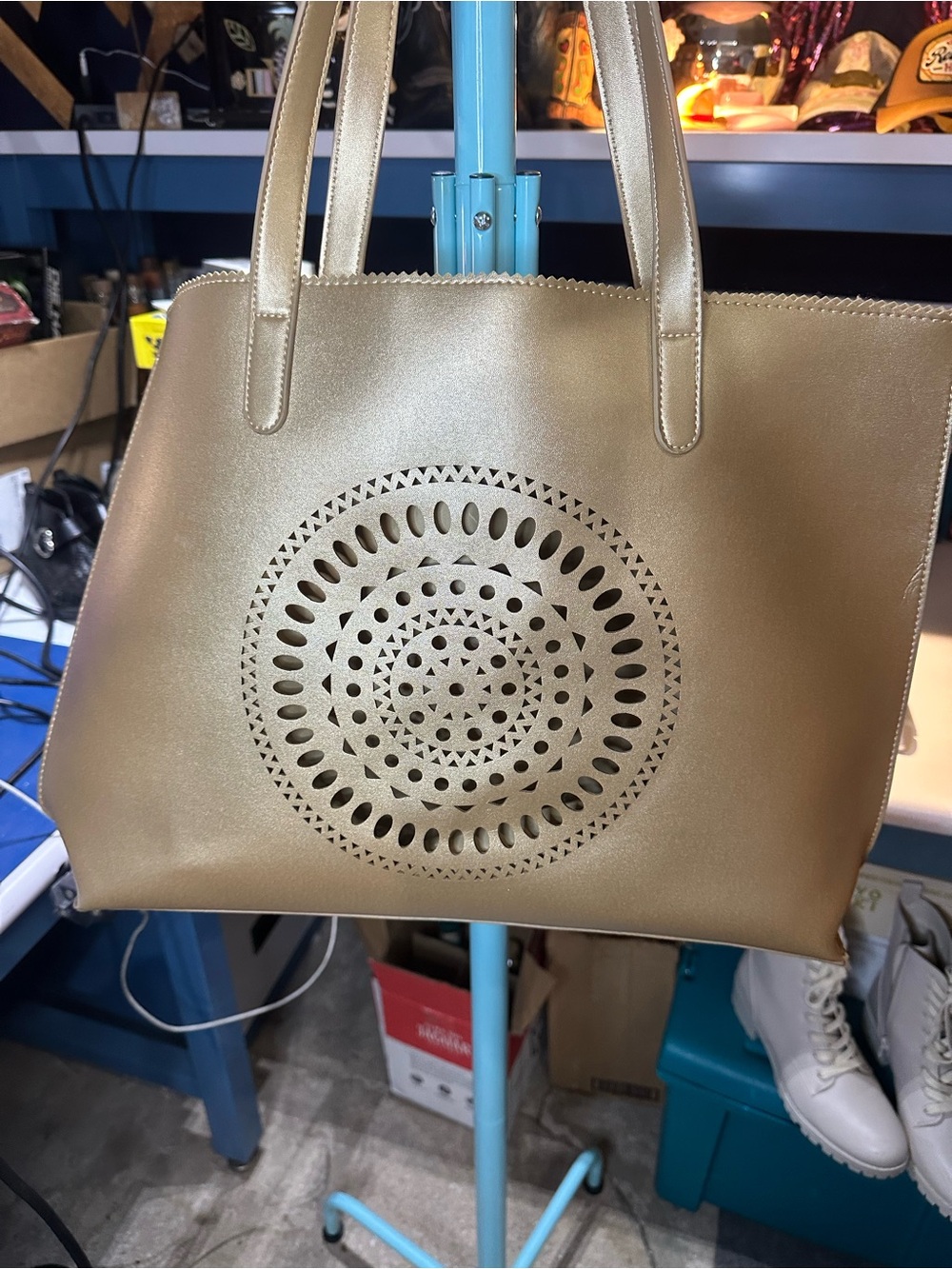 Neiman Marcus Metallic Gold Tote with Laser-Cut Medallion